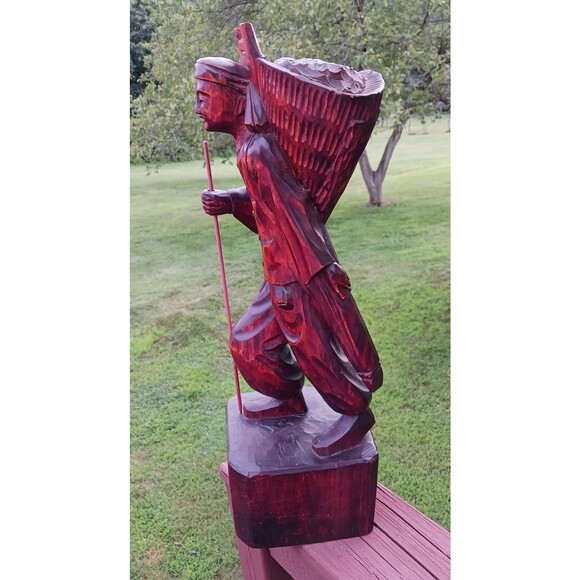 VTG Solid Wood Hand Carved Asian Chinese Man Staff Pack Statue Figure Sculpture - Picture 4 of 6